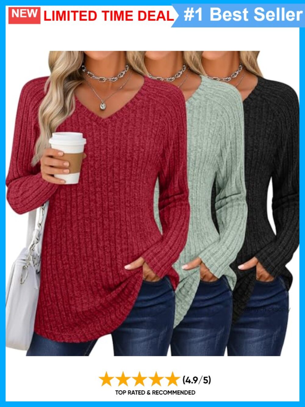 3 Pack Women's Ribbed Long Sleeve V Neck Tunic Tops